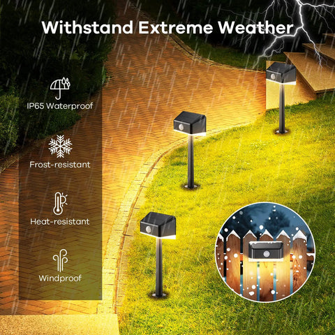 Solar Pathway Lights With Motion Sensor Waterproof Outdoor LED 2 In 1 Lights illuminating a garden path in rainy weather