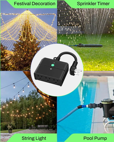 Outdoor Smart Plug With Timers And Countdown, Heavy Duty Weatherproof Outlet For Outdoor Lights, shown with various uses