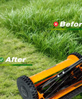 14 Inch Manual Push Reel Lawn Mower With 5 Blade Precision Cutting And Scissor Like Action For Clean Grass Snips, 4 Height Settings For Perfect Lawn Maintenance, Low Effort Yard Work, Quiet And Eco Friendly on overgrown grass before and after cut