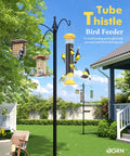 Outdoor Finch Feeder For Nyjer Thistle Seed, 14 Inch Tube Bird Feeder With 12 Feeding Ports And 8 Perches, yellow, in a garden.