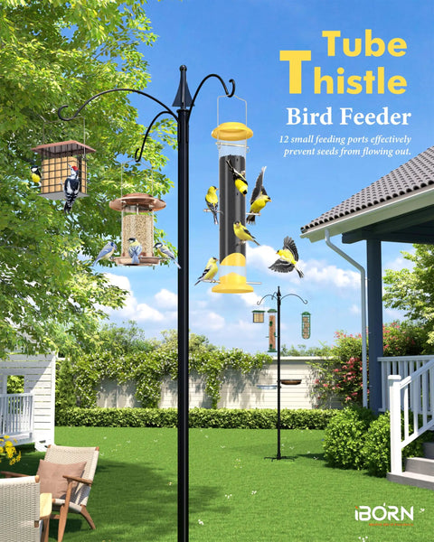 Outdoor Finch Feeder For Nyjer Thistle Seed, 14 Inch Tube Bird Feeder With 12 Feeding Ports And 8 Perches, yellow, in a garden.