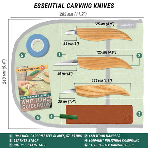 Pro Grade Beginner Friendly Wood Carving Kit For Beginners And Kids with knives, leather strop, guidebook, and canvas roll.