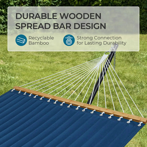 12Ft Two Person Quilted Outdoor Hammock With Stand Detachable Pillow And Bamboo Spreaders in navy blue with durable bamboo spreader bar