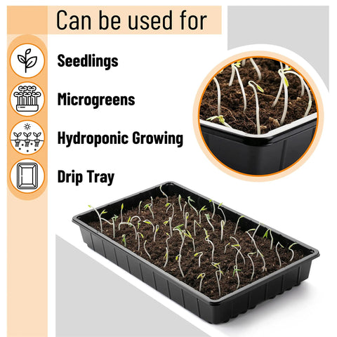 Durable 5 Pack Seed Starter Trays For Indoor Or Outdoor Gardening 17 By 10 By 2.4 Inches Budget Friendly Stackable Reusable Plastic Seedling Starter Kits For Home Growers Greenhouse And Hydroponic Systems showing seedlings in a black tray with soil, ideal for microgreens and hydroponic growing.