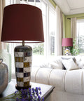 Torino Table Lamp With Ceramic Multicolor Squares Finish, Earth Tone Checkerboard Pattern in modern living room, 30 inch height