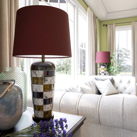 Torino Table Lamp With Ceramic Multicolor Squares Finish, Earth Tone Checkerboard Pattern in modern living room, 30 inch height