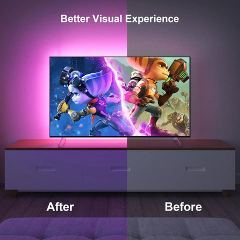LED TV Backlight Kit 16.4 Feet RGB Strips for 55-75 Inch TV with App Remote, Music Sync, ambient lighting effect.