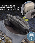 Open Fall River Fishing Chest Pack with front workstation showing main compartment fitting two fly/tackle boxes.