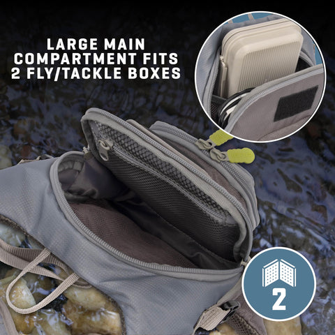 Open Fall River Fishing Chest Pack with front workstation showing main compartment fitting two fly/tackle boxes.