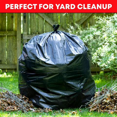 55 Gallon Heavy Duty Trash Bags With Ties Pack Of 50 for indoor and outdoor use, filled bag on grass, ideal for lawn debris