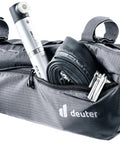 Mondego Frame Bag For Bike 4 Liter Mounted Storage Pack with pocket open, showing tools and reflective detail.