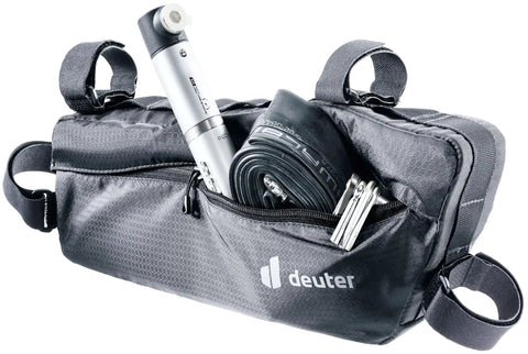Mondego Frame Bag For Bike 4 Liter Mounted Storage Pack with pocket open, showing tools and reflective detail.