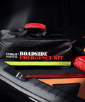 Everlit Survival Roadside Emergency Kit bag, black with red handle and neon-yellow reflective stripe