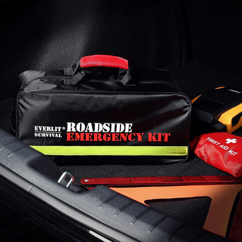 Everlit Survival Roadside Emergency Kit bag, black with red handle and neon-yellow reflective stripe