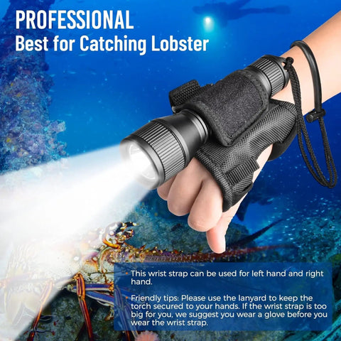 Person wearing Dive Light 1000 Lumens For Scuba Night Dives IP68 Waterproof Underwater Torch With Three Modes And Wrist Mount in use