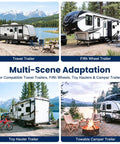 Multi-scene adaptation showcasing Bounce Killer RV I Beam Stabilizer Jack Cross Frame Ratchet Mount on travel trailers.