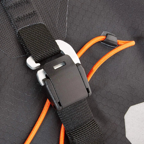 Close-up of black Handlebar Pack For Bike With Dual Roll Closures For Quick Access, Camlock Strap Hook, showing buckle and straps.