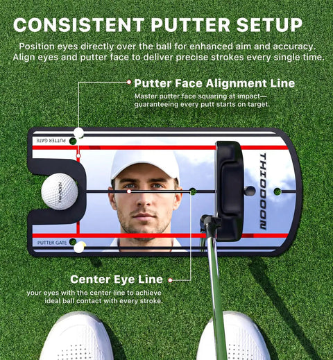 Ultra Thin 3mm Golf Putting Mirror For Eye And Shoulder Alignment With Real Time Visual Feedback To Square Your Stance On Every Putt Anti Scratch Acrylic Surface Portable Carry Bag Perfect For Home And Green Practice Pro Grade Confidence showing alignment in use on green with putter