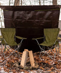 Two green camping chairs under a brown Heavy Duty Poly Tarp Cover 16 Mil and 10 Mil with Grommets and Reinforced Edges, 6 x 8 Feet