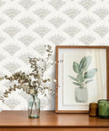 Boho Peel And Stick Wallpaper For Cabinets And Walls Modern Geometric Beige Self Adhesive Contact Paper Waterproof Removable Bedroom And Bathroom Accent Drawer Liner Easy Install 17.3 Inch By 393 Inch on wall behind wooden dresser with decor