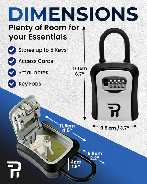 Dimensions of Rugged Outdoor Key Lock Box with 4 Digit Combination for Outside Key Storage, Weatherproof Zinc Alloy Safe Box