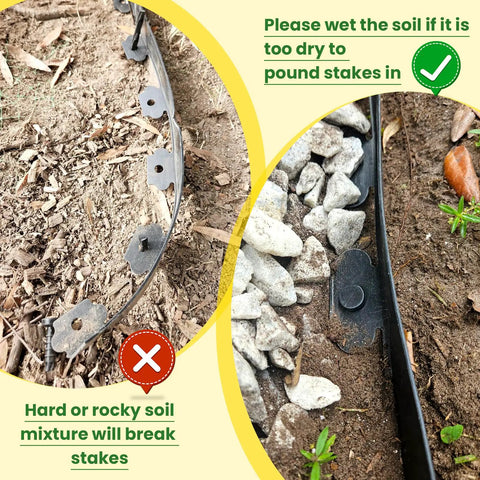 Heavy Duty Landscape Edging Coil 2 Inch Tall 33 Feet Long Includes 40 Spikes Flexible Border Kit For Lawn Flower Beds And Garden Paths Crack Resistant Heat Resistant Deformation Resistant Black Finish showing spikes in different soil types.