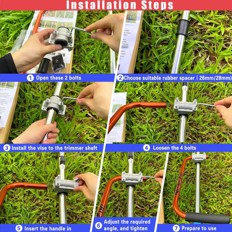 Installation steps for Ergonomic Trimmer Grip With Bracket Clamp For Weed Wacker Extension Handle with orange handle