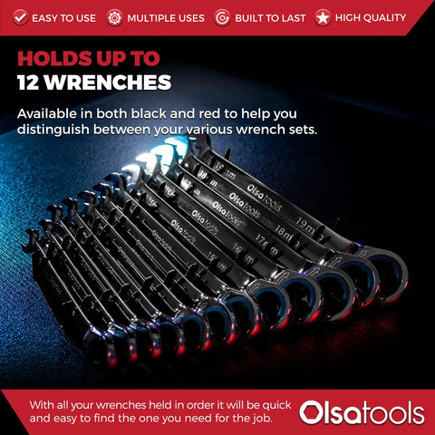Must Have 12 Slot Wrench Organizer With Magnetic Backing Wall Mount Rack holding 12 wrenches in black and red on display.