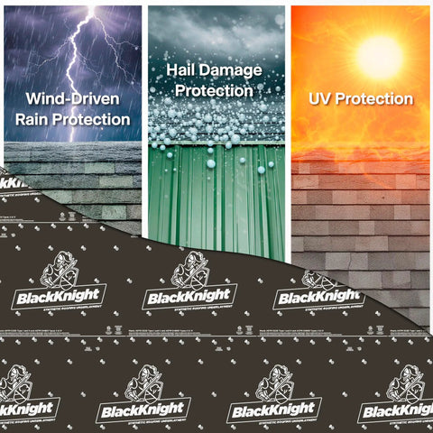 Tough As Nails Synthetic Roofing Underlayment 4X250 Ft Roll Covers 1000 Sq Ft showing wind, hail, and UV protection features.