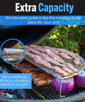 Elevated Cooking Grate That Frees Up Grill Space For Tailgating And Backyard BBQs Heavy Duty Stainless Steel Fits Weber And Other Grills Adds 180 Extra Square Inches For Ribs Veggies And Big Feasts with food on grill.