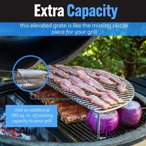 Elevated Cooking Grate That Frees Up Grill Space For Tailgating And Backyard BBQs Heavy Duty Stainless Steel Fits Weber And Other Grills Adds 180 Extra Square Inches For Ribs Veggies And Big Feasts with food on grill.