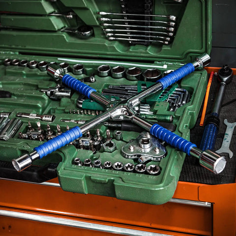 Beefy 16 Inch Universal Lug Wrench Four Way Tire Iron With Non Slip Handle on toolbox for cars and light trucks