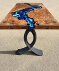 Industrial Steel Bench Legs For Coffee Tables And Outdoor Benches 16 Inch High Set Of 2 with natural wood and blue resin top.