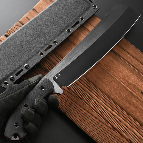 Rugged Fixed Blade Knife With DC53 DLC Coated Nine Point Eight Four Inch Blade Carbon Fiber Handle Full Tang Build Includes Sheath