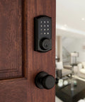 SmartCode 915 Touchscreen Electronic Deadbolt With Smart Key UL Listed Illuminated Keypad on wooden door