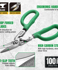 Beefy 10 Inch Bent Compound Action Tin Snips with Drop Forged Blades, ergonomic green handles for heavy-duty metal cutting, close-up view.