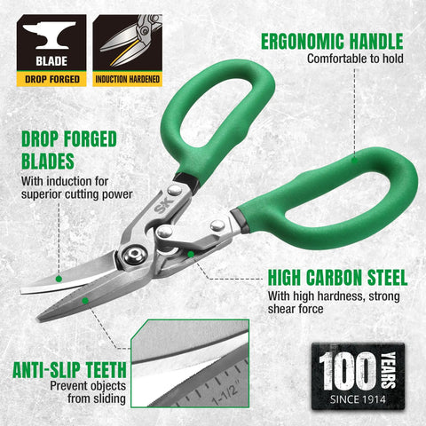 Beefy 10 Inch Bent Compound Action Tin Snips with Drop Forged Blades, ergonomic green handles for heavy-duty metal cutting, close-up view.