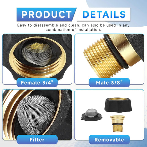 EZALOR brass water inlet fitting 3/4 in female to 3/8 in male for pressure washers, gold, 2-pack with mesh filter