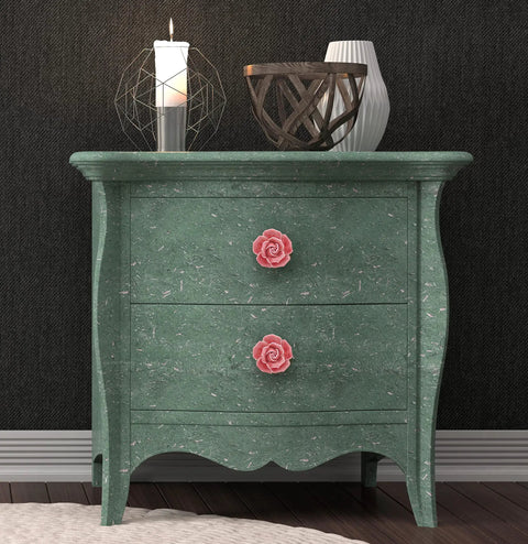 Two Pack Ceramic Vintage Floral Rose Drawer Knobs For Dresser Closet Kitchen Cupboard Includes Screws Pink Shiny Polished Finish 40mm Diameter By 34mm Height installed on green cabinet