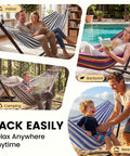 Double Hammock With Heavy Duty Steel Stand Portable Easy Assembly 600Lb Weight Capacity Adjustable Hooks Cotton Comfort Durable Frame Carrying Bag Included Ideal For Indoor Yard Camping And Outdoor Rainbow in various settings