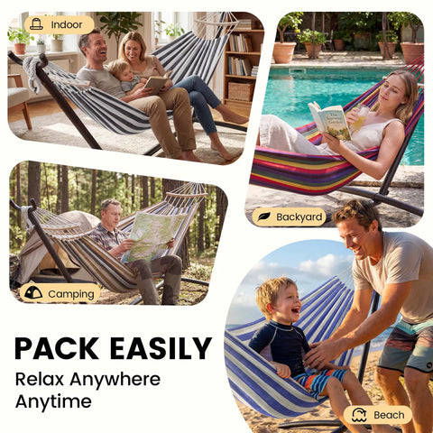 Double Hammock With Heavy Duty Steel Stand Portable Easy Assembly 600Lb Weight Capacity Adjustable Hooks Cotton Comfort Durable Frame Carrying Bag Included Ideal For Indoor Yard Camping And Outdoor Rainbow in various settings