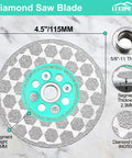 Double Sided Diamond Blade For Angle Grinder Vacuum Brazed No Chip Tile Cutting And Grinding Wheel Porcelain Granite Marble Concrete 5/8-11 Thread 8 Hole Flange For Clean, Fast, Stable Cuts, top view with measurements and specifications displayed
