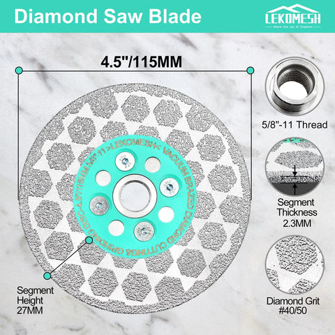 Double Sided Diamond Blade For Angle Grinder Vacuum Brazed No Chip Tile Cutting And Grinding Wheel Porcelain Granite Marble Concrete 5/8-11 Thread 8 Hole Flange For Clean, Fast, Stable Cuts, top view with measurements and specifications displayed