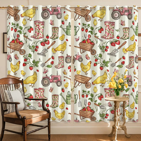 Farmhouse Style Light Filtering Curtains For Living Room And Kitchen, Rustic Strawberry Green Window Panels, 42x63 Inches
