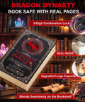 Gothic Fantasy Book Safe With Real Pages And Combo Lock Box, Crimson Dragon Crest Decor, features 3-digit lock and upgraded capacity.