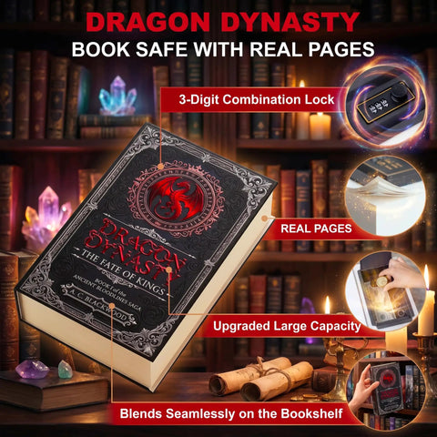 Gothic Fantasy Book Safe With Real Pages And Combo Lock Box, Crimson Dragon Crest Decor, features 3-digit lock and upgraded capacity.