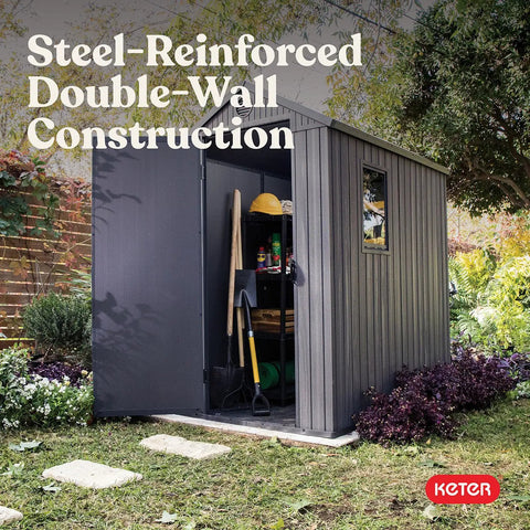 Lockable Resin Outdoor Storage Shed Graphite Gray Four By Six Feet Weather Resistant Patio Garden Tool Organizer Grand Slam Of High Capacity Backyard Gear Stash And Decked Out Storage Corner