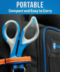 Kevlar Friendly Ergonomic Fiber Optic Cutter 6 Inch Pro Grade Shears clipped to a black bag for easy carrying