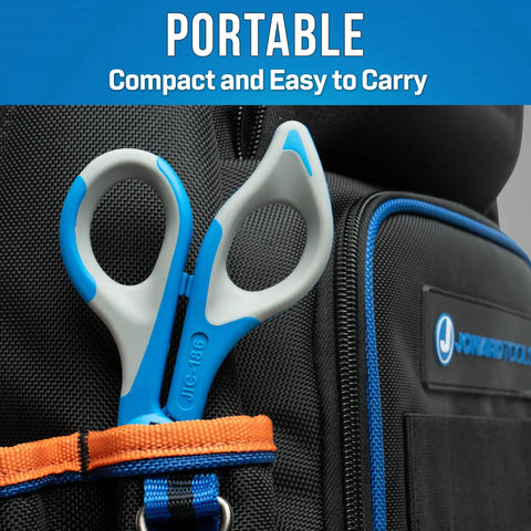 Kevlar Friendly Ergonomic Fiber Optic Cutter 6 Inch Pro Grade Shears clipped to a black bag for easy carrying