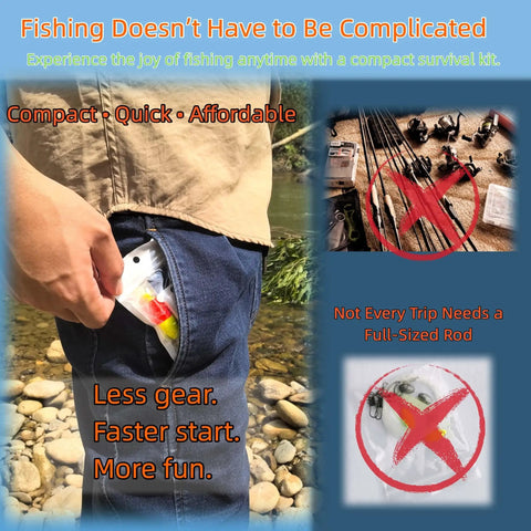 Grab And Go Ultra Compact Survival Fishing Kit For Outdoor Adventures Emergency Gear That Fits In Your Backpack Or Glove Box shown in pocket